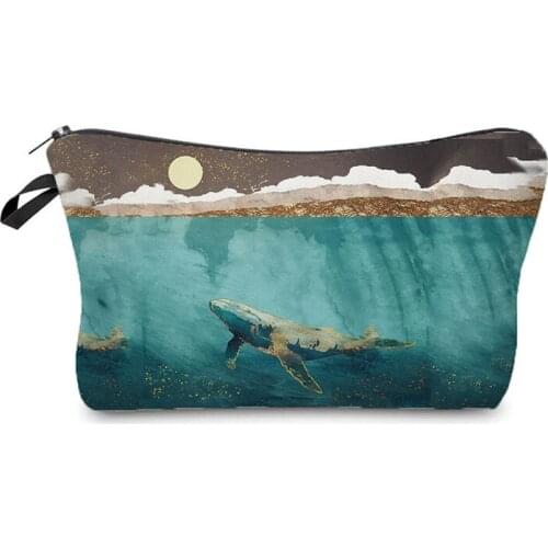 Ukiyoe Printed Women Cosmetic Bag Whale Fashion Mini Storage Makeup Bag Ocean Blue Travel Toiletry Bag Coin Purse Custom Pattern