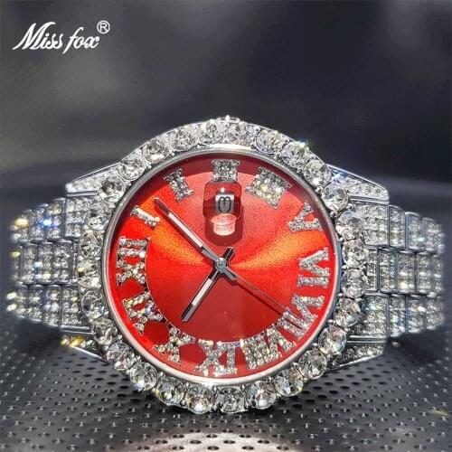 Red Man Watch MISSFOX Luxury Ice Out Bracelet Hip Hop Fancy Men Watch Full Diamond Waterproof Couples Wristwatch Custom Logo