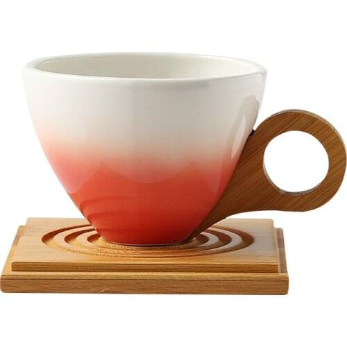 Creative Ceramic Coffee Cup Set Household Wooden Handle Mug with Lid Ceramic Cup Simple Office Water Cup Coffee Cup