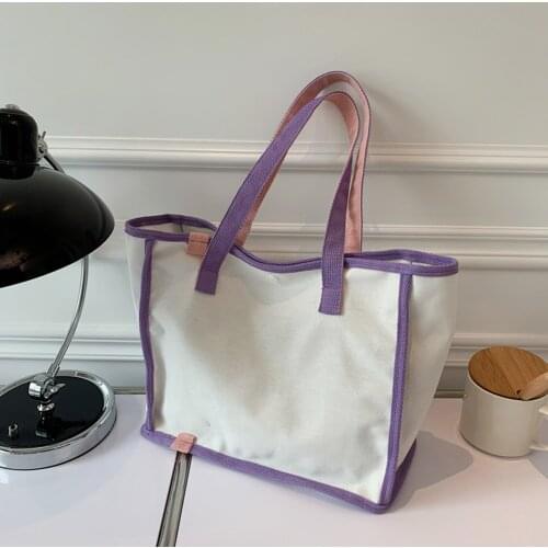 Fashion Women Contrast Color Canvas Shoulder Shopping Bag Casual Ladies Large Capacity Tote Handbags