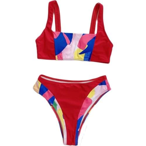 2021 New Beach Bikini Sexy Red Printed Patchwork High Waist Biquini Swimsuit