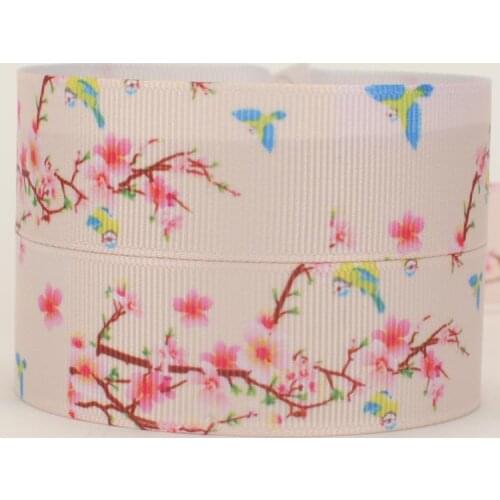 NEW 50 yards lively pink flowers with bird ribbon printed grosgrain ribbon free shipping