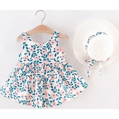 2021 Summer New Baby Girls Dresses for Baby Casual Beach Bow Print Sundress Princess Dress Infant Dress Newborn Clothes Send Hat