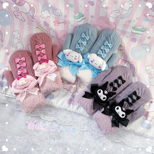 2021 HOT Japanese Cute Cinnamon Dog Bowknot Girl Winter Thickening Plus Velvet Warmth Student Gloves Harajuku Soft Sister Kawaii