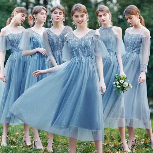 Women Gauze Flowers A-line Tea-length High Waist Slim Fashion Simple Solid Color Blue Pink Graduation Bridesmaid Dresses