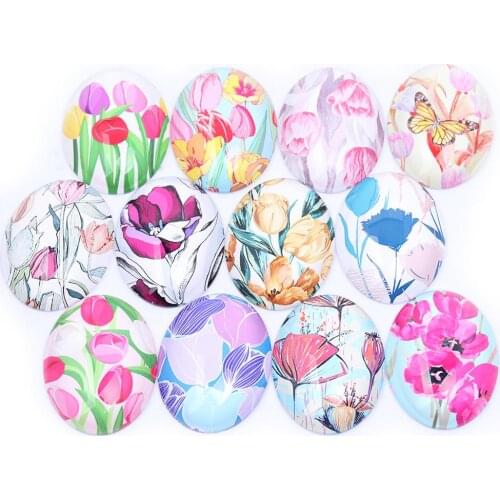 Mixed floral pattern photo glass cabochons oval 13x18mm 18x25mm 30x4mm diy flatback handmade jewelry findings