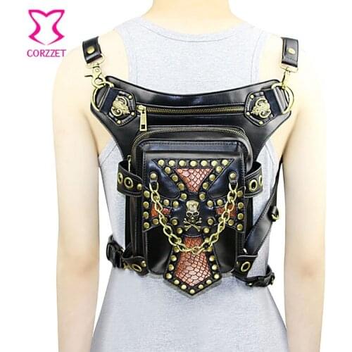 Retro Rivet and Skull PU Leather Gothic Shoulder Bag Women /Men Steampunk Waist Bags For Corsets Punk Motorcycle Leg Holster Bag