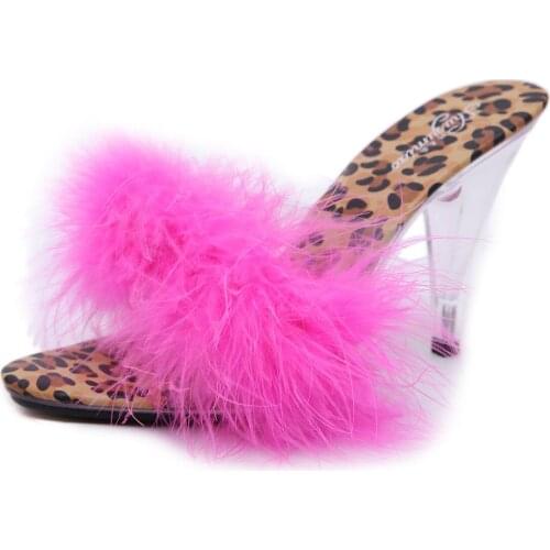 US4-11 Women Clear Transparent Open Toe Stilettos Pumps Slingback Crystal Fur Leopard Soles Shoes Sexy 5Colors Plus Size B105