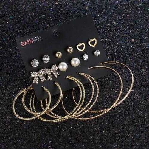 9 Pairs/set Vintage Gold Metal Oversize Large Hoop Earrings Set For Women Fashion Jewelry Girls Cute Crystal Bow Earring Brincos