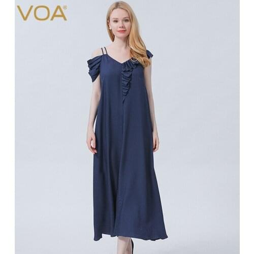 VOA Silk Jacquard Plain Picturesque V-neck Party Dresses Pleated Ruffled Irregular Short Sleeve Solid Color Summer Dress AE1029