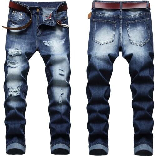 High quality men’s eagle prints jeans white-washed ripped denim pants slimming scratches casual jeans pants