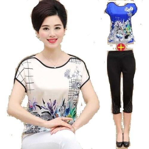 Women Sets 2 Pieces Emulation silk Clothing outfits plus Size 2020 Summer Middle aged mother High quality brand Tops+Pants