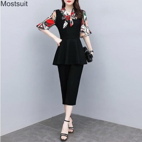 Elegang Fashion Summer 2 Piece Set For Women Plus Size Short Sleeve Print Tops And Pants Suit Female Work Sets Outfit Korea 2020