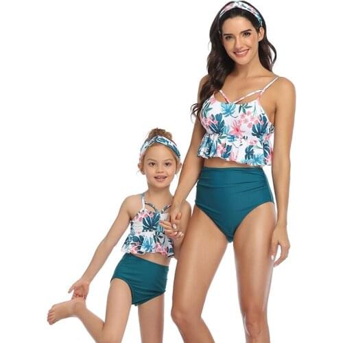 2021 Hot Sale Parent-Child Swimsuit The New Bikini Print High Waist Blue Black Green Swimsuit Beach Womens Biniki SW510