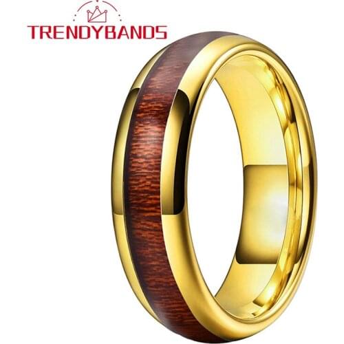 6MM Gold Koa Wood Inlay Tungsten Wedding Bands For Men Women Domed Polished Shiny Comfort Fit