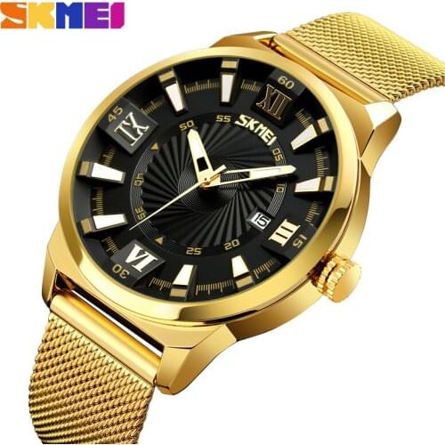 SKMEI Luxury Mens Quartz Wristwatches Waterproof Quartz Analog Watch for Man Fashion Business Gold Stainless Steel Clock SK9166