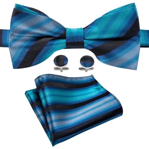 Men Silk Bowtie Blue Butterfly Tie Stripe Designer Pre-tied Bow Ties Handkerchief Cufflinks Male Formal Bows LH-839 Barry.Wang