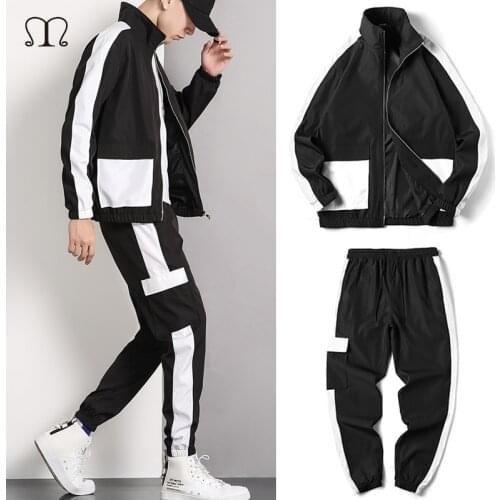 Men Track Suit Brand 2 Pcs Patchwork Sweatshirt Jacket Pants Mens Streetwear Clothing Zipper Casual Men Tracksuit Set Plus Size