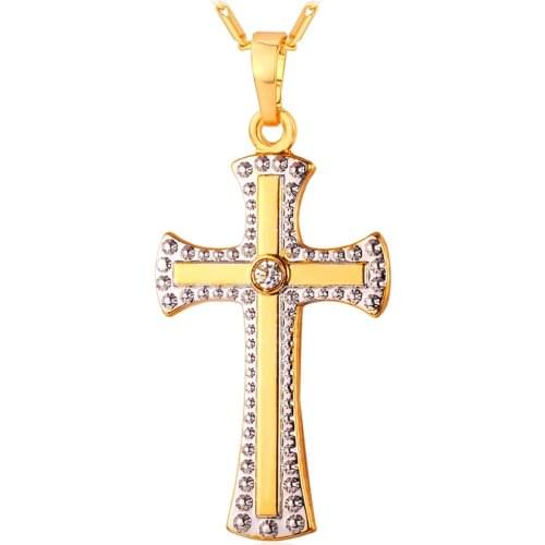 Collare Two Tone Tic Cross Necklaces & Pendants Gold Color Rhinestone Wholesale Necklace Women/Men Jewelry P140