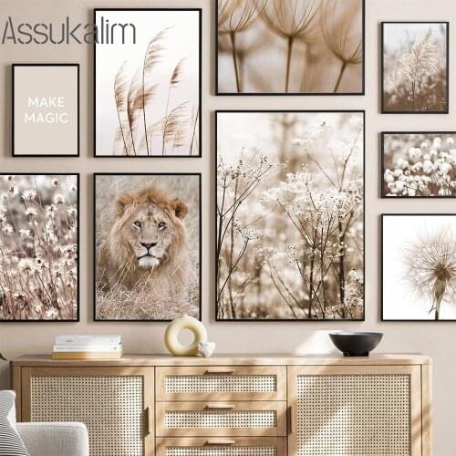 Beige Landscape Canvas Painting Dandelion Reed Poster Lion Posters Plant Flower Art Print Nordic Wall Pictures Living Room Decor