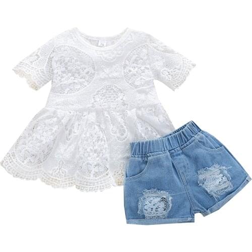 FOCUSNORM Summer Kids Girls Clothes Sets 1-6Y Floral Embroidery Short Sleeve Tops + Solid Ripped Denim Shorts