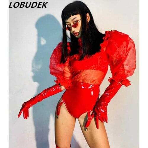 Nightclub Bar Women Singer Leading Dance Stage Costume (Tops+Shorts+Gloves) Red Leather Three-piece Set Jazz Team Dance Outfit