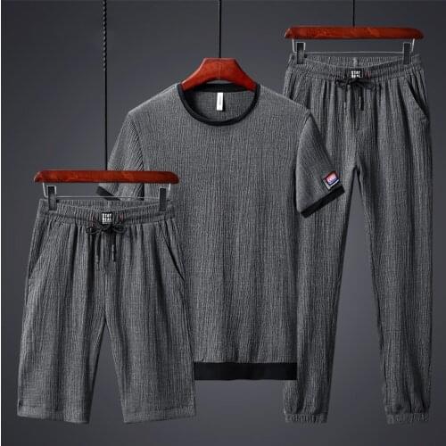 Summer New Korean Style Mens T-shirt+Shorts+Casual Pants 3-Piece Set Sports Suit Elastic Ice Silk Large Retro Slim Men Clothes