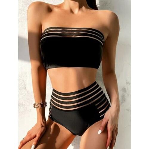 Sexy Maillot De Bain Bandeau Bikini Swimwear High Waisted Solid Swimsuit Female 2022 Mesh Two Piece Bikini Set Bathing Suit