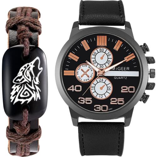 Mens Bracelet Watches Present Set Brown Casual Braided Chain Man Classic Black Quartz Leather Watch Gift Set Box for Father Son