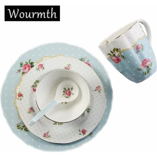 European Bone China Cutlery Set 5 Pieces/Set Coffee Cups Steak Disk Western Plates Ceramic Dinner Plates set Wedding Gifts