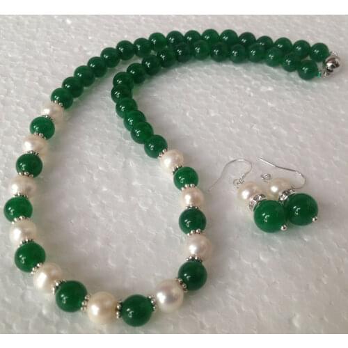 Natural white Akoya Pearl/Green Jade Round Beads Fashion Necklace Earrings set
