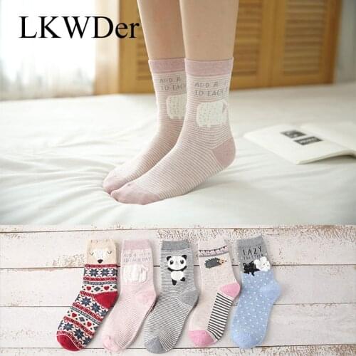 LKWDer 5 Pairs New Spring Autumn Women Cotton Socks In Tube Animal Ear Cute Socks Fox Bear Soft Cartoon Socks Girl Sweet Striped