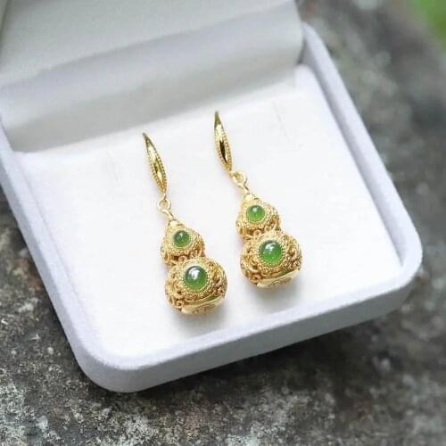 New silver inlaid natural Jasper hollow gourd Earrings Chinese style retro unique ancient gold craft charm womens jewelry