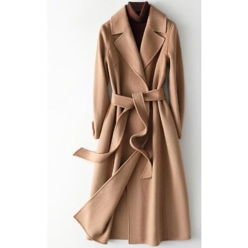 2021 Fall Winter Womens Minimalist Simple Elegant High Quality Refreshing Lace-up Thickened Pure Color Cashmere Blend Wool Coat