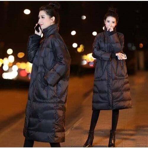2019 new style Korean version down jacket mock neck loose color bar women coat long style over knee fashion all match slim coat