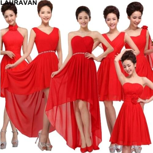 2020 girls chiffon red color lace up back elegant plus size bridesmaid formal short brides maid dresses party for weddings