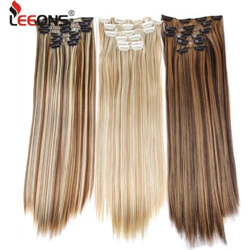 Leeons 6H/613# Clip In On Hair Extensions 6Pcs/Set 16 Clips Hair Extension Full Head 55Cm Straight Synthetic Fiber Hairpieces