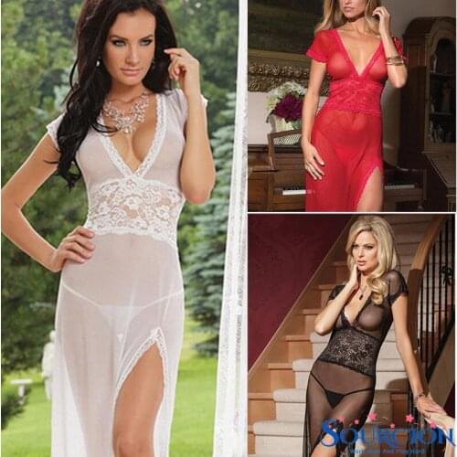 SWT Hot Women Sexy Lingerie Lace Dress See Through Exotic porno Dresses Mesh High Split Long Short Sleeve Nightwear Deep V