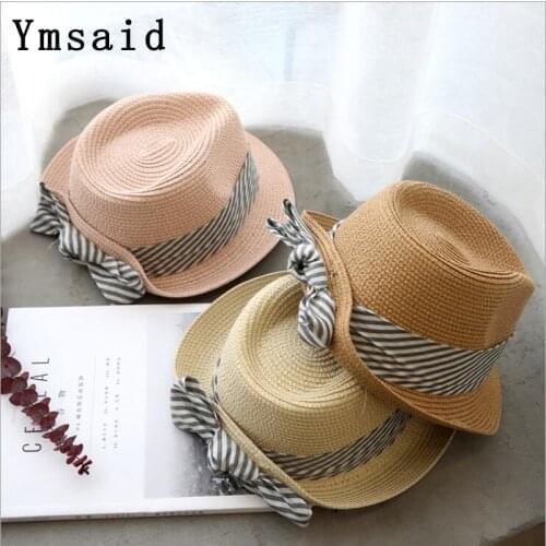 Ymsaid2019 New Fashion Flat Sun Hat Womens Summer Bow British Style Jazz Straw Hats For Women Beach Headwear Chapeau Caps Gift