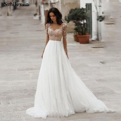 Smileven Bohemian Wedding Dresses Long Sleeve Lace Bridal Gowns A Line Wedding Gowns With Romantic Buttons Robe De Mariee