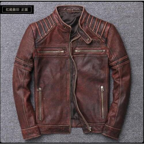 YR!Free shipping.High quality men vintage brown genuine leather jacket.cool rider slim natural cowhide coat.Plus size origin
