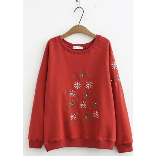 Plus Size XL-4XL Womens Embroidery Hoodies Long Sleeved Cute Pullover Velvet Tops Female Oversizd Outwear