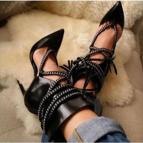 Moraima Snc Women Fashion Pointed Toe Lace-up Short Gladiator Boots Cut-out Super High Heel Boots Ladies Dress Ankle Boots