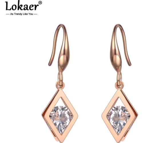 Lokaer Office Style Cubic Zirconia Geometric Titanium Stainless Steel Earrings Rose Gold Handmade Ear Jewelry For Women E19151