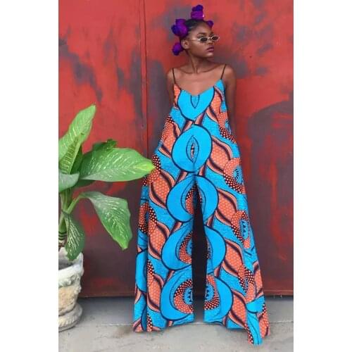 2021 Summer Ladies Elegant Temperament Fashion All Match Printing Suspenders Sexy Female V Neck Jumpsuit Casual Wide Leg Pants