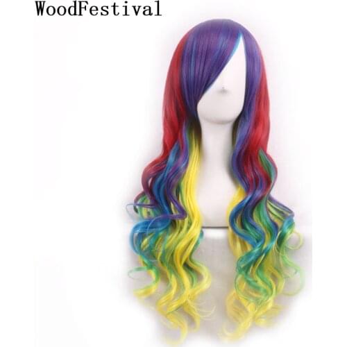 WoodFestival Wavy Synthetic Hair Green Pink Purple Red Long Female Cosplay Wig With Bangs Halloween Colored Wigs For Women