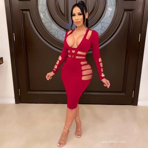 Sexy V Neck Long Sleeve Hollow Out Burgundy Women Bandage Dress 2021 New Fashion Bodycon Party Dress Vestidos Nightclub Female