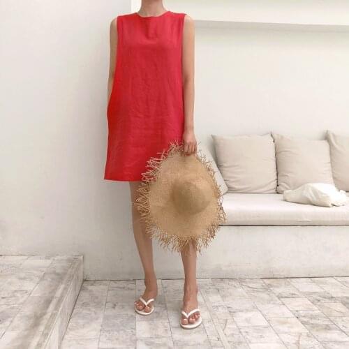 Obrix Hemp Light Summer Casual Style Dress O-Neck Sleeveless Vintage Straight A-Line Knee Length Sweet Dress For Women