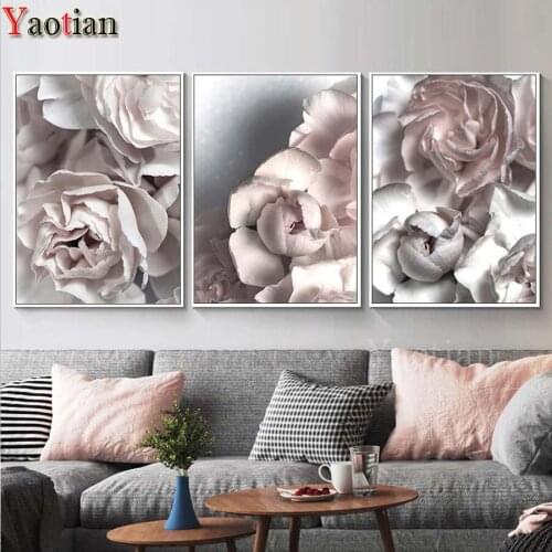 3 Pcs/sets 5d Diy Diamond mosaic Embroidery White Pink Rose Nordic Wall Art Daimond Painting Full round Square Cross Stitch