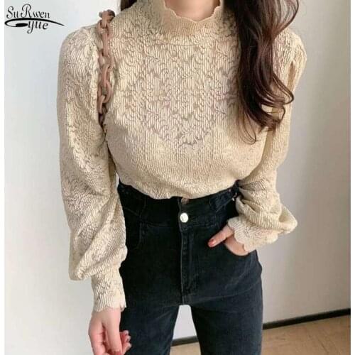 New Korean Elegant Lace White Women Shirts Blouses Vintage Loose Long Sleeve Shirts Women Crochet Floral Sexy Top Mujer 12384